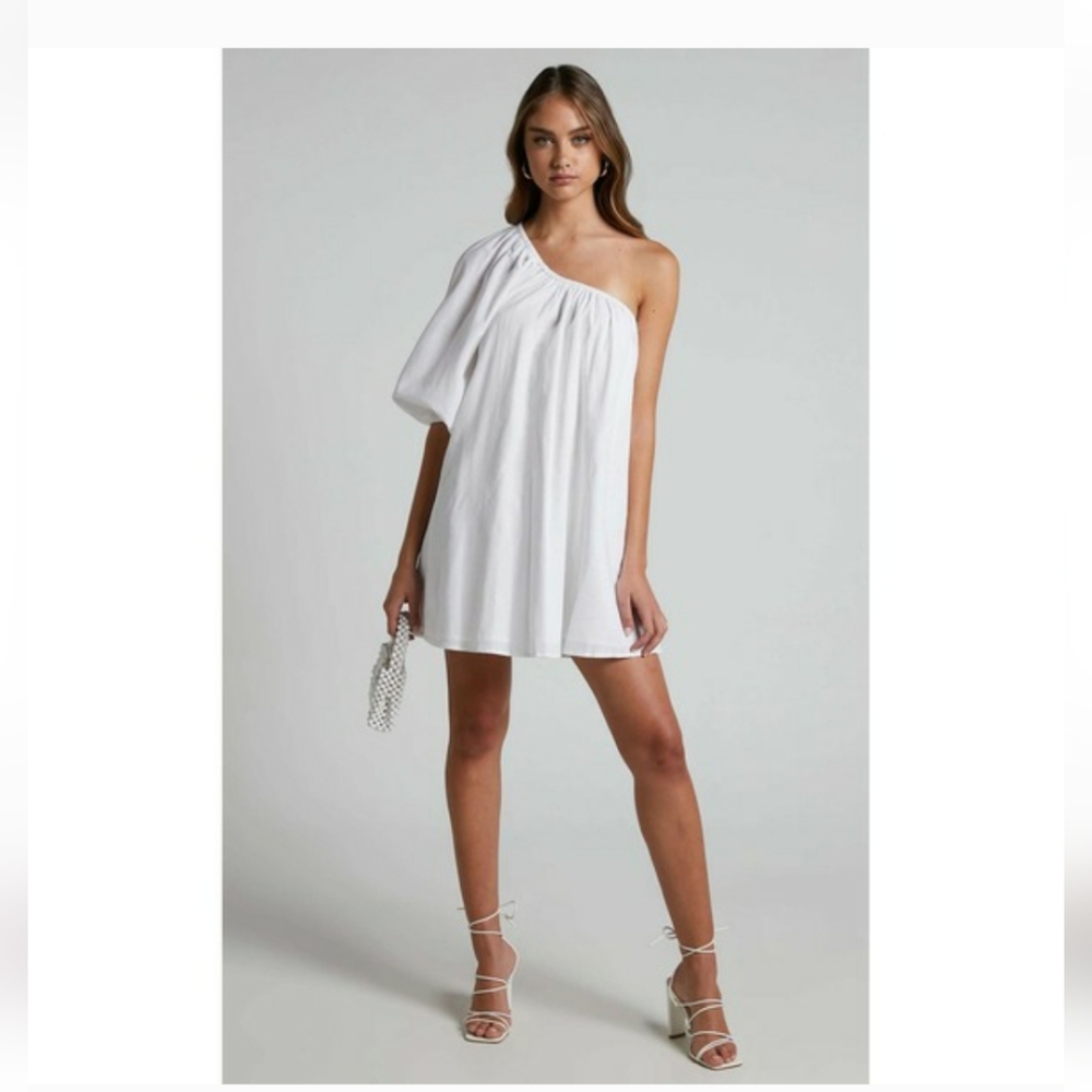 NWT COMMENSE Aegean Cotton Linen‎ One Sleeve Short White Dress Size M